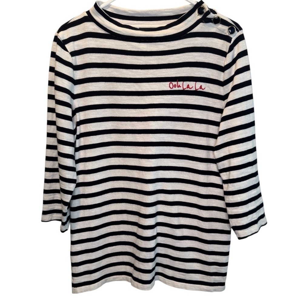 Talbots Womens White Black Striped Ooh La La Button Shoulder Top M Classic